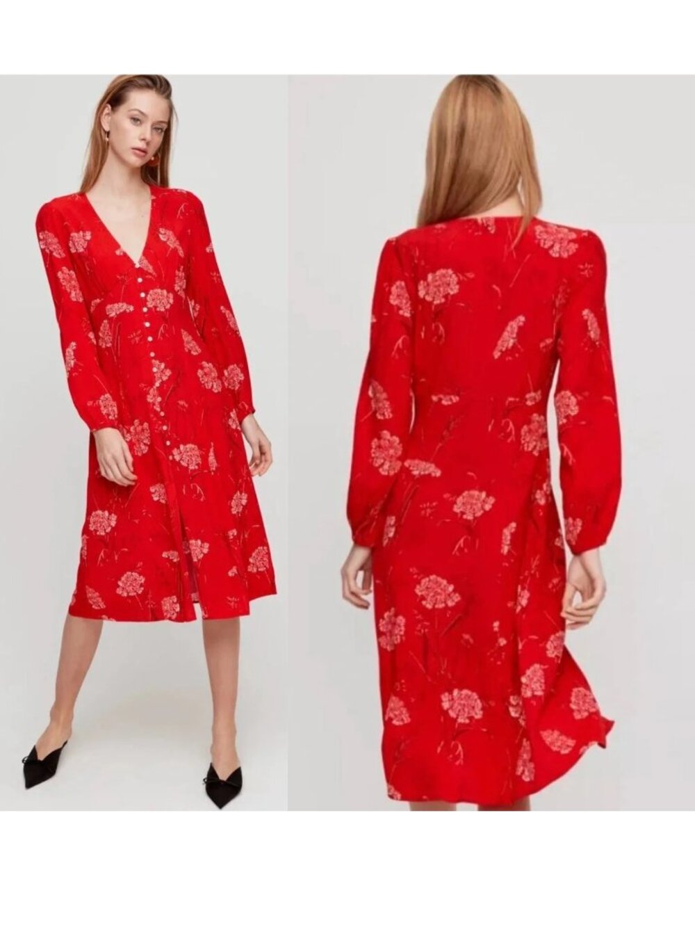 Aritzia Wilfred Red White Floral Gallery Button Front Midi Summer Dress sz Small - Picture 2 of 10